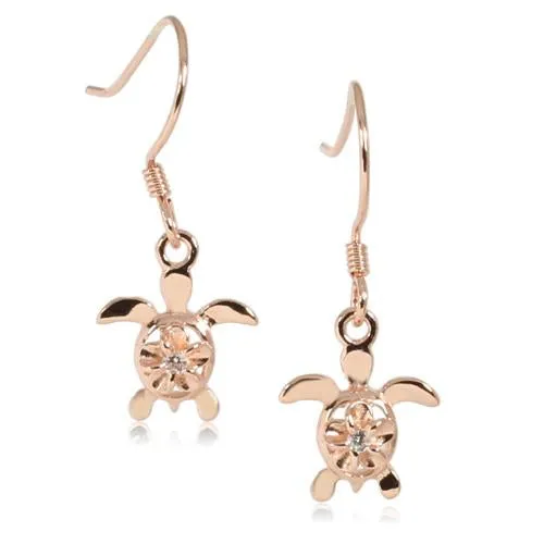 Sterling Silver Pink Gold Plated 4mm Plumeria with CZ in Honu (Turtle) Hook Earrings