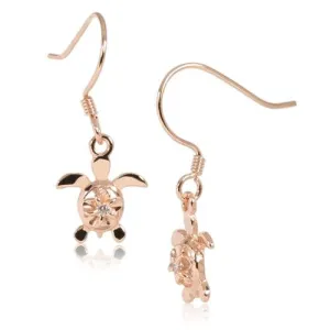 Sterling Silver Pink Gold Plated 4mm Plumeria with CZ in Honu (Turtle) Hook Earrings