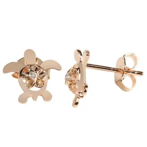 Sterling Silver Pink Gold Plated 4mm Plumeria with CZ in Honu (Turtle) Post Earrings