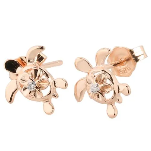 Sterling Silver Pink Gold Plated 4mm Plumeria with CZ in Honu (Turtle) Post Earrings