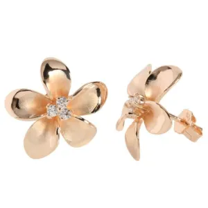 Sterling Silver Pink Gold Plated Plumeria with Three CZ Prong Post Earrings (12-18mm)