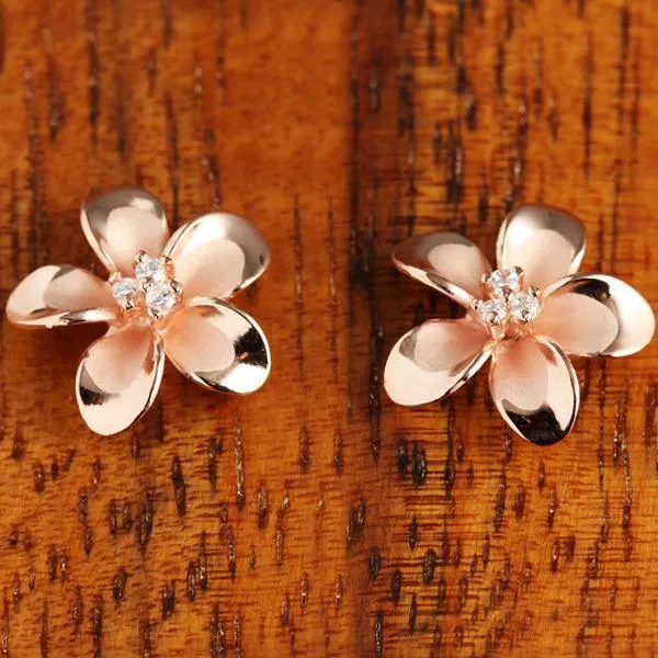 Sterling Silver Pink Gold Plated Plumeria with Three CZ Prong Post Earrings (12-18mm)