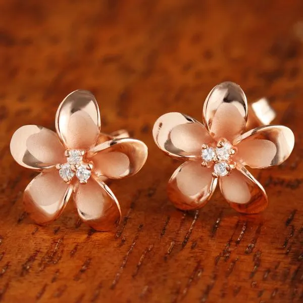 Sterling Silver Pink Gold Plated Plumeria with Three CZ Prong Post Earrings (12-18mm)