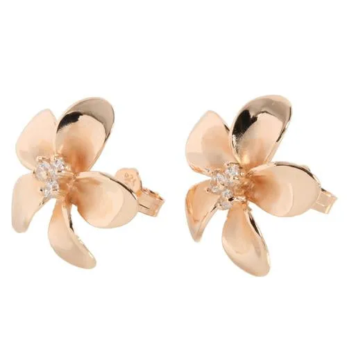 Sterling Silver Pink Gold Plated Plumeria with Three CZ Prong Post Earrings (12-18mm)