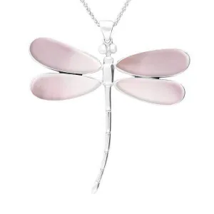 Sterling Silver Pink Mother of Pearl Four Stone Large Dragonfly Necklace