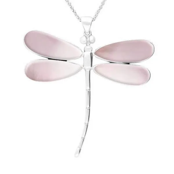 Sterling Silver Pink Mother of Pearl Four Stone Large Dragonfly Necklace