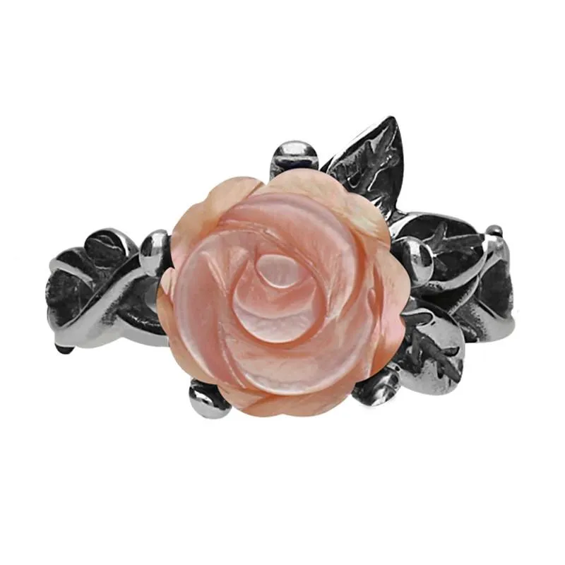 Sterling Silver Pink Mother of Pearl Tuberose 10mm Rose Leaf Twist Ring