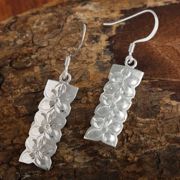Sterling Silver Plumeria Vertical Hook Earrings 10mm