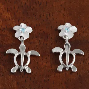 Sterling Silver Plumeria with Blue CZ and Honu (Hawaiian Turtle) Post Earrings (S/M/L)