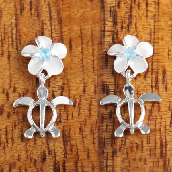 Sterling Silver Plumeria with Blue CZ and Honu (Hawaiian Turtle) Post Earrings (S/M/L)