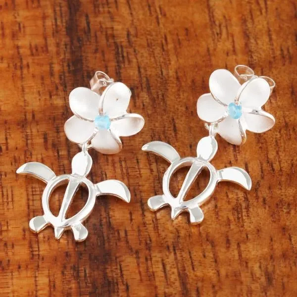 Sterling Silver Plumeria with Blue CZ and Honu (Hawaiian Turtle) Post Earrings (S/M/L)