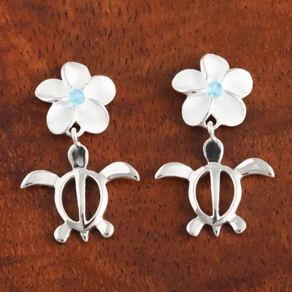 Sterling Silver Plumeria with Blue CZ and Honu (Hawaiian Turtle) Post Earrings (S/M/L)