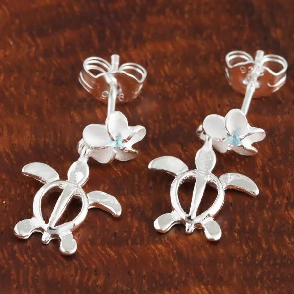 Sterling Silver Plumeria with Blue CZ and Honu (Hawaiian Turtle) Post Earrings (S/M/L)