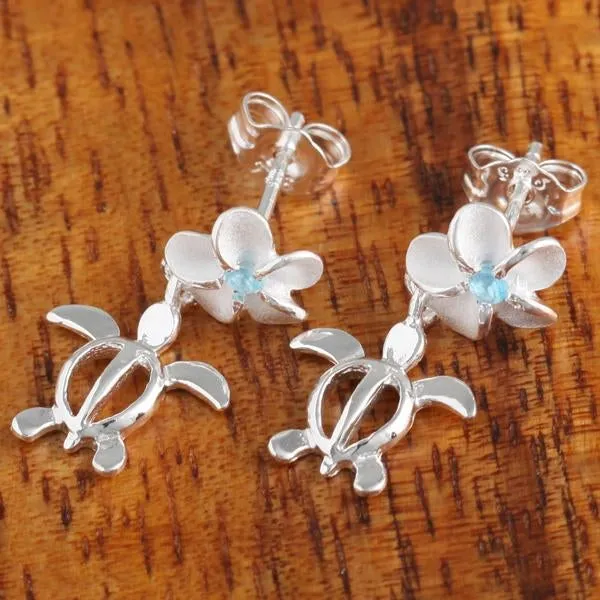Sterling Silver Plumeria with Blue CZ and Honu (Hawaiian Turtle) Post Earrings (S/M/L)