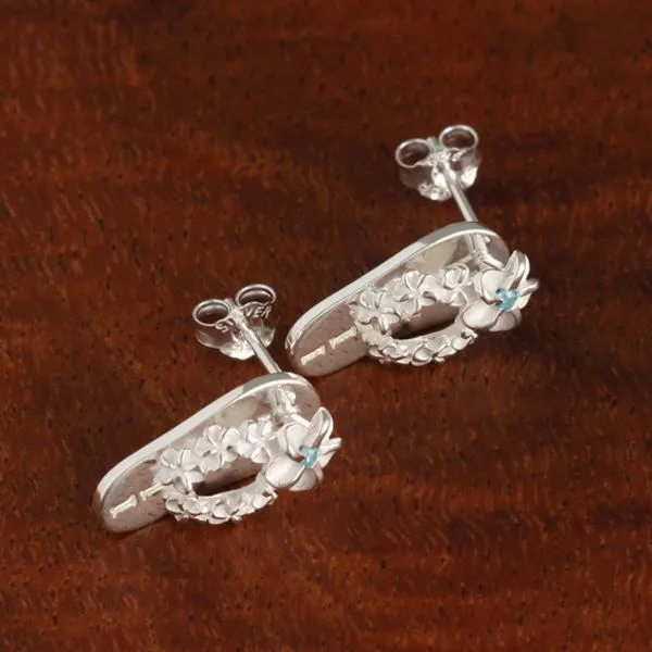 Sterling Silver Plumeria with Blue CZ HAWAII Slipper Post Earrings