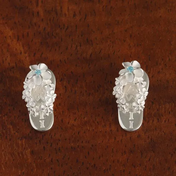 Sterling Silver Plumeria with Blue CZ HAWAII Slipper Post Earrings