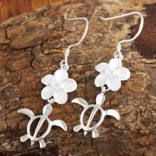 Sterling Silver Plumeria with CZ and Honu (Hawaiian Turtle) Hook Earrings (M/L)