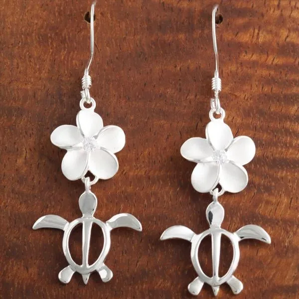 Sterling Silver Plumeria with CZ and Honu (Hawaiian Turtle) Hook Earrings (M/L)