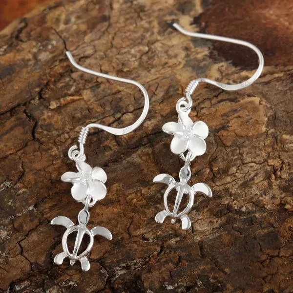 Sterling Silver Plumeria with CZ and Honu (Hawaiian Turtle) Hook Earrings (M/L)
