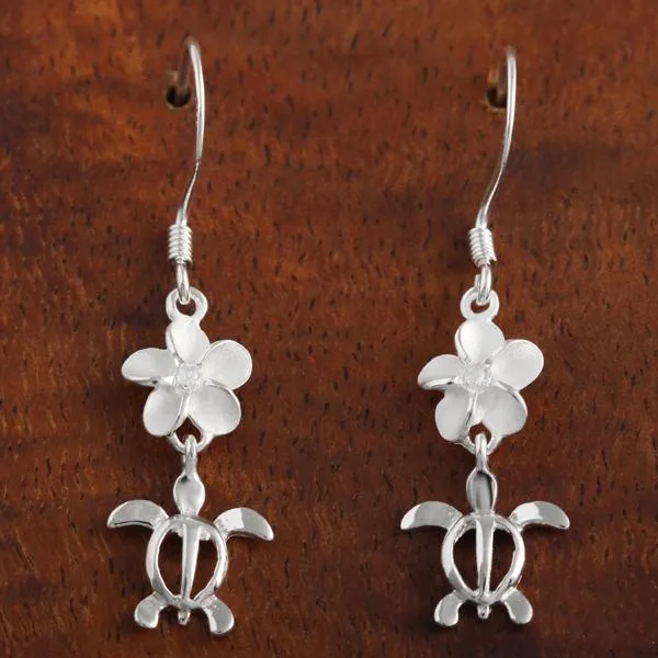 Sterling Silver Plumeria with CZ and Honu (Hawaiian Turtle) Hook Earrings (M/L)