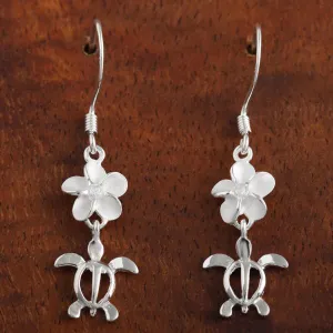Sterling Silver Plumeria with CZ and Honu (Hawaiian Turtle) Hook Earrings (M/L)