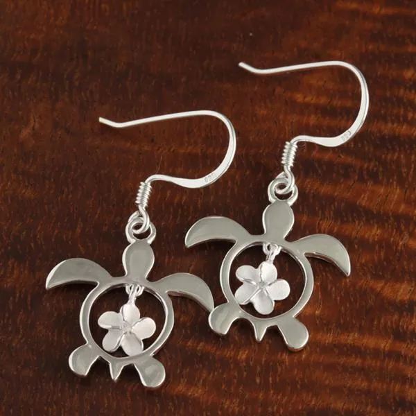Sterling Silver Plumeria with CZ in Honu (Hawaiian Turtle) Hook Earrings