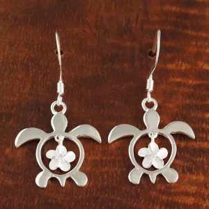 Sterling Silver Plumeria with CZ in Honu (Hawaiian Turtle) Hook Earrings