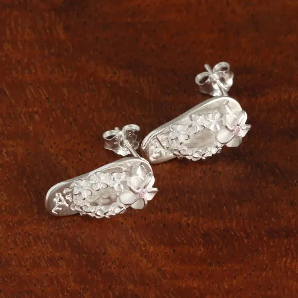 Sterling Silver Plumeria with Pink CZ ALOHA Slipper Post Earrings
