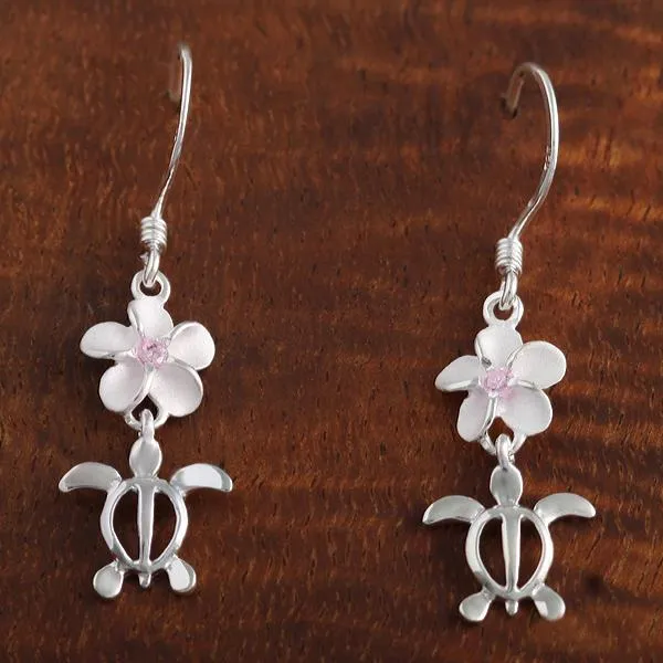 Sterling Silver Plumeria with Pink CZ and Honu (Hawaiian Turtle) Hook Earrings (M/L)
