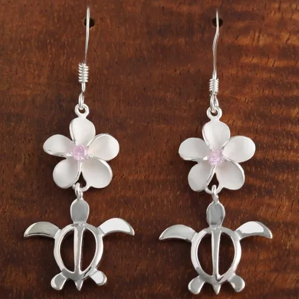 Sterling Silver Plumeria with Pink CZ and Honu (Hawaiian Turtle) Hook Earrings (M/L)