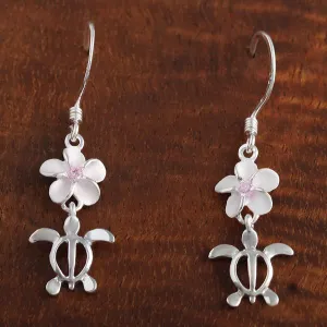 Sterling Silver Plumeria with Pink CZ and Honu (Hawaiian Turtle) Hook Earrings (M/L)