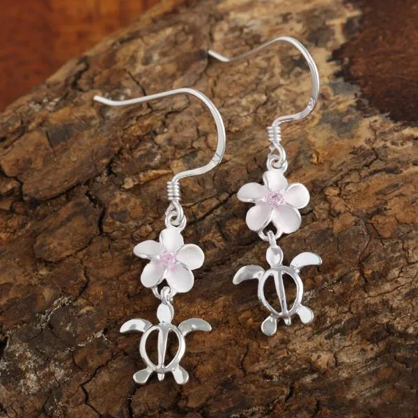 Sterling Silver Plumeria with Pink CZ and Honu (Hawaiian Turtle) Hook Earrings (M/L)