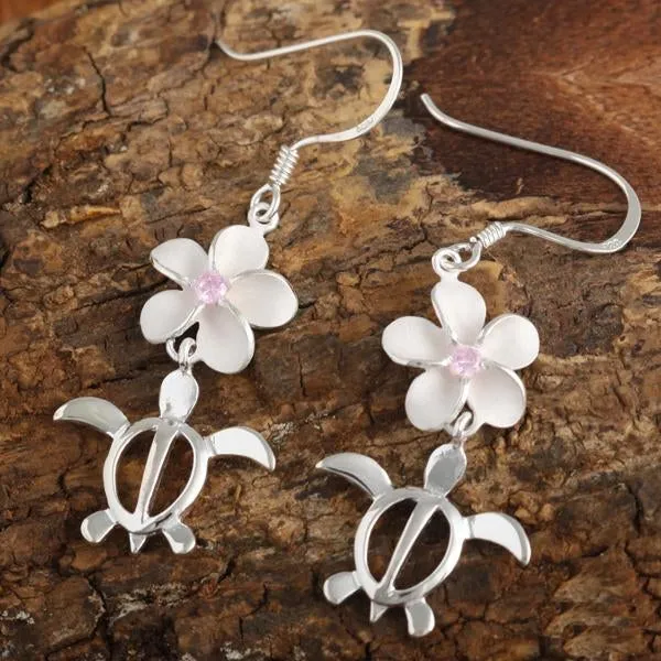 Sterling Silver Plumeria with Pink CZ and Honu (Hawaiian Turtle) Hook Earrings (M/L)