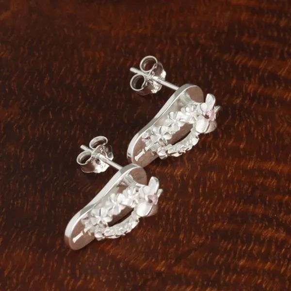 Sterling Silver Plumeria with Pink CZ HAWAII Slipper Post Earrings