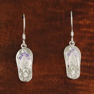 Sterling Silver Purple CZ Strap Hawaiian Scroll Slipper Hook Earrings