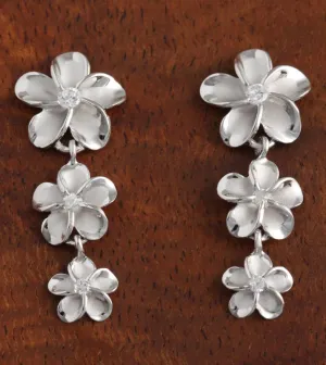 Sterling Silver Rhodium Plated 12-10-8mm Plumeria with CZ Post Earrings