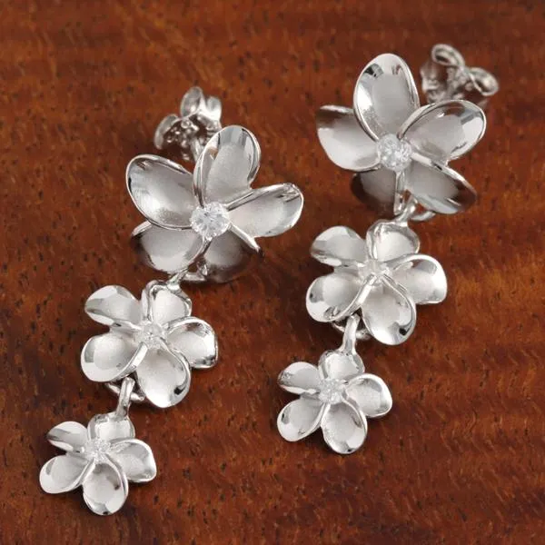 Sterling Silver Rhodium Plated 12-10-8mm Plumeria with CZ Post Earrings