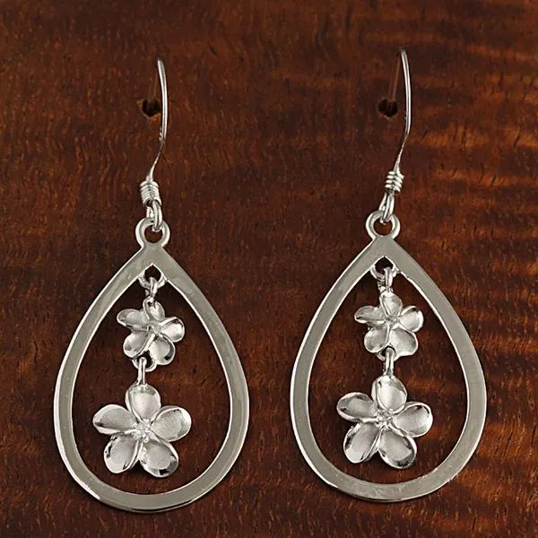 Sterling Silver Rhodium Plated 6-8mm Plumeria with CZ Drop Hook Earrings