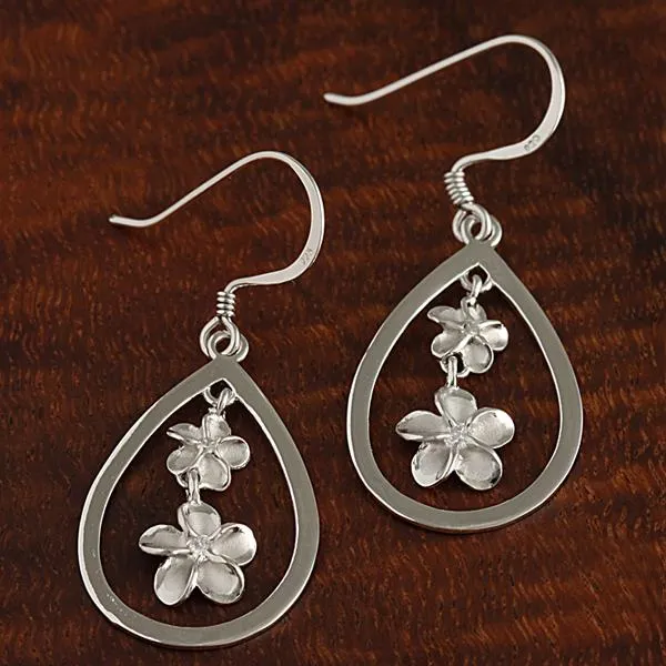 Sterling Silver Rhodium Plated 6-8mm Plumeria with CZ Drop Hook Earrings