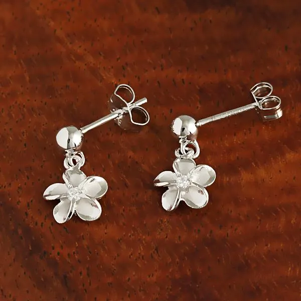 Sterling Silver Rhodium Plated 8mm Plumeria with CZ and Bead Post Earrings
