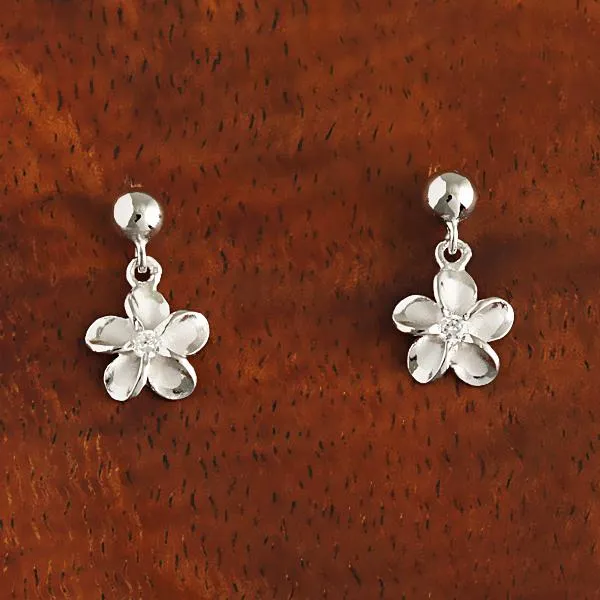 Sterling Silver Rhodium Plated 8mm Plumeria with CZ and Bead Post Earrings