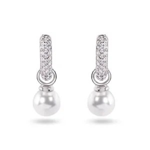 Sterling Silver Rhodium Plated Dangling Pearl Clear CZ Hoop Earrings - STE01373