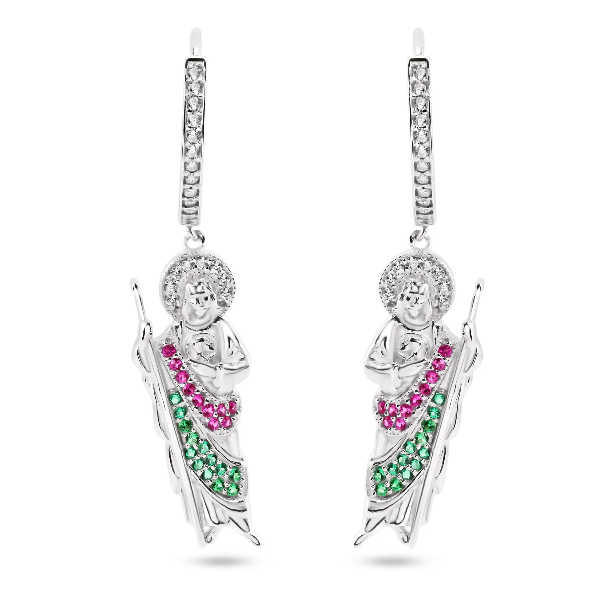 Sterling Silver Rhodium Plated Dangling St Jude Hoop Clear CZ Earrings - GME00153