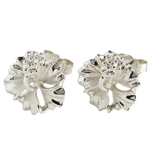 Sterling Silver Rhodium Plated Hibiscus Post Earrings (12mm/15mm)