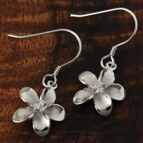 Sterling Silver Rhodium Plated Plumeria with Three CZ Prong Hook Earrings (10-20mm)