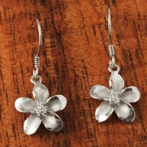 Sterling Silver Rhodium Plated Plumeria with Three CZ Prong Hook Earrings (10-20mm)