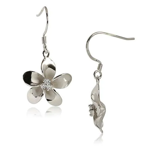 Sterling Silver Rhodium Plated Plumeria with Three CZ Prong Hook Earrings (10-20mm)