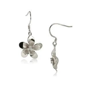 Sterling Silver Rhodium Plated Plumeria with Three CZ Prong Hook Earrings (10-20mm)