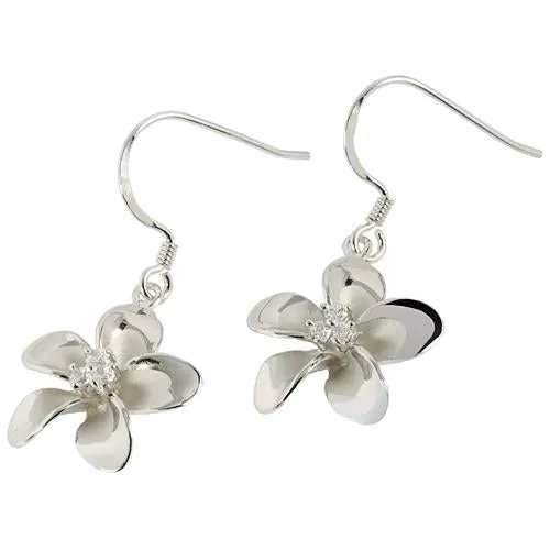 Sterling Silver Rhodium Plated Plumeria with Three CZ Prong Hook Earrings (10-20mm)