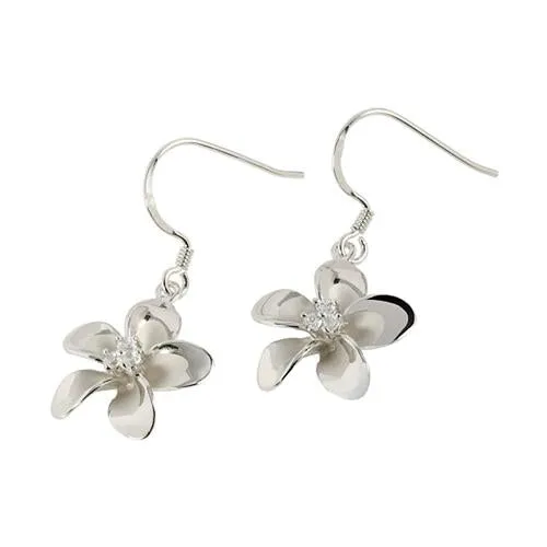 Sterling Silver Rhodium Plated Plumeria with Three CZ Prong Hook Earrings (10-20mm)